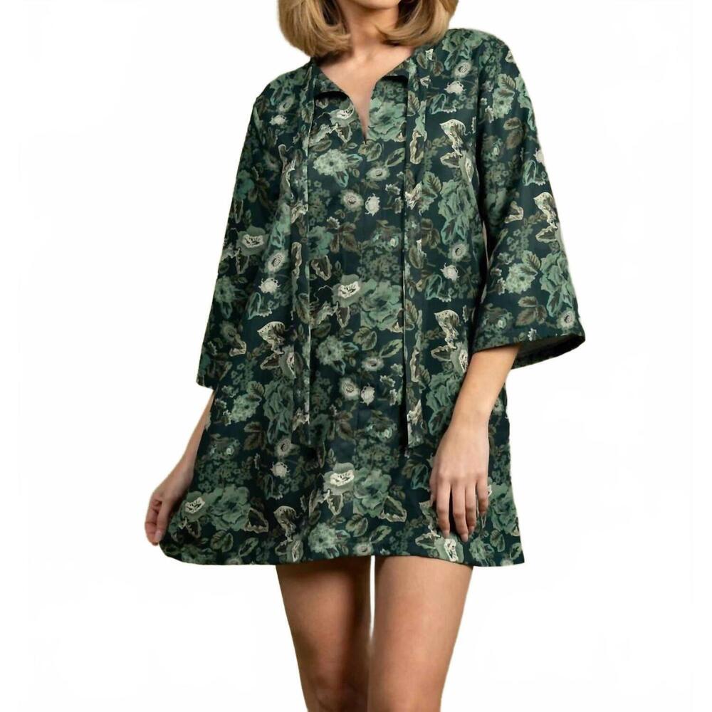 Floral Green Mini Dress with V-Neck